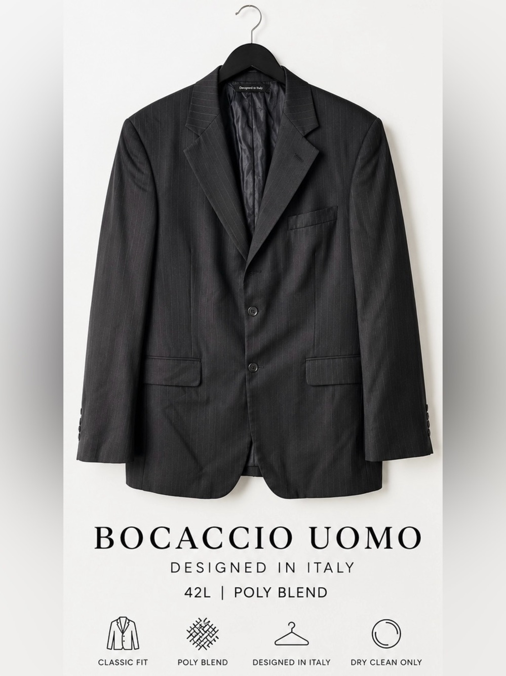 Bocaccio Uomo 42L Black Pinstripe Sport Coat Blazer 2 Button Classic Fit
